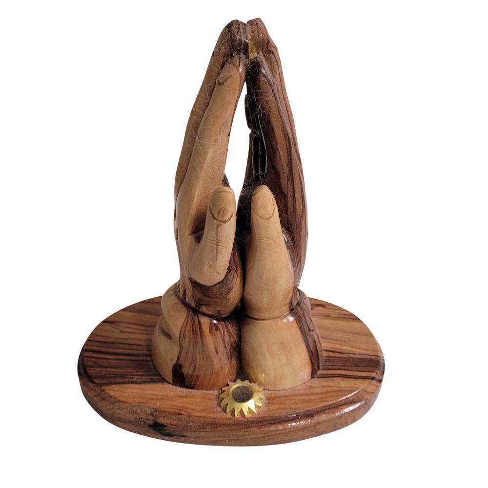 Jerusalem Olive Wood Hand Carved Praying Hands Sculpture Israel Holy Soil Relic